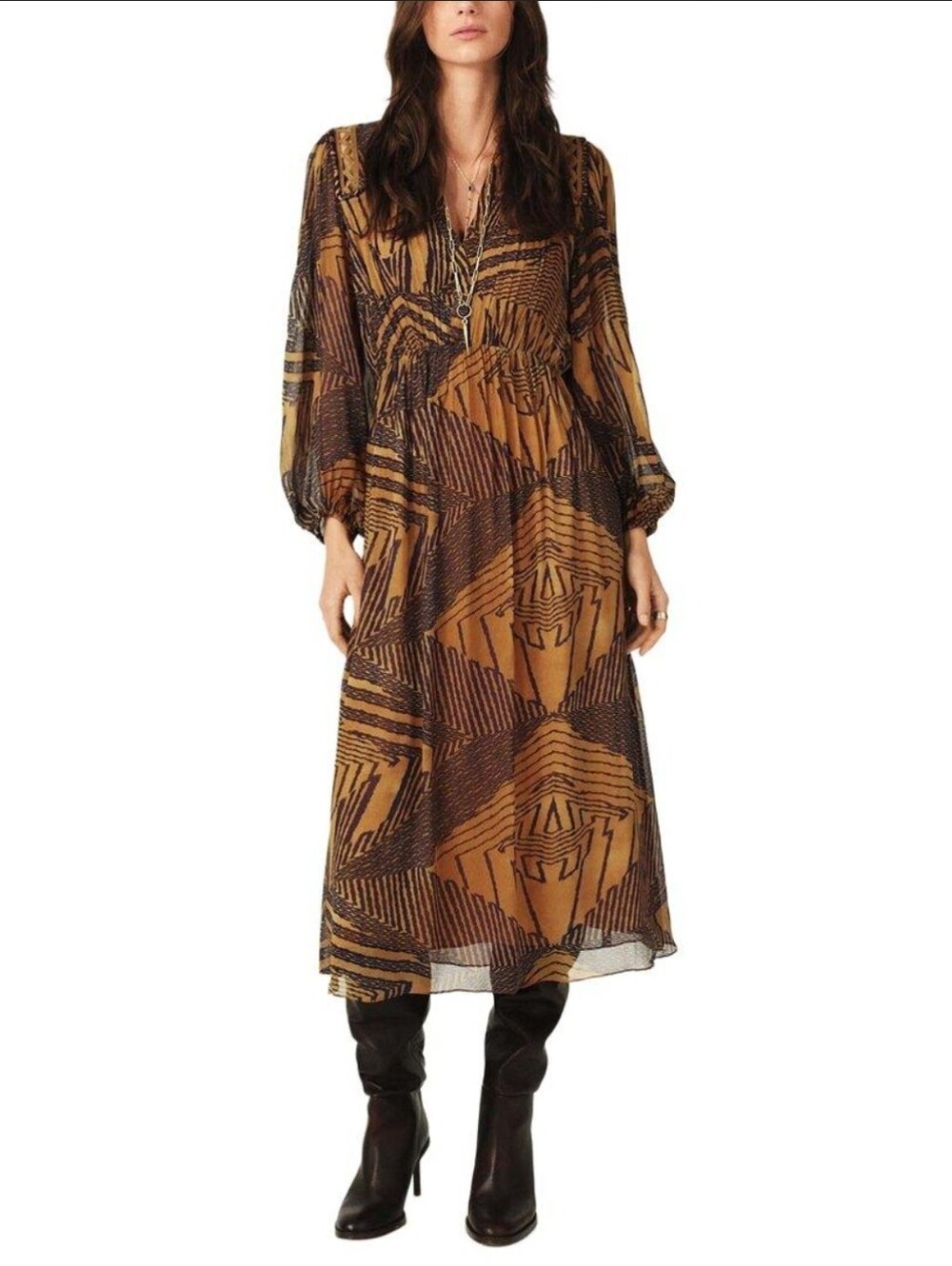ba&sh Mustard and Black Abstract-Print Midi Dress